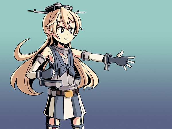 adrian_ferrer alternate_breast_size belt blonde_hair blue_eyes clenched_hand flat_chest front-tie_top garter_straps gloves gradient gradient_background headgear iowa_(kantai_collection) kantai_collection long_hair multicolored multicolored_clothes multicolored_gloves skirt smile solo star star-shaped_pupils striped striped_skirt symbol-shaped_pupils thighhighs