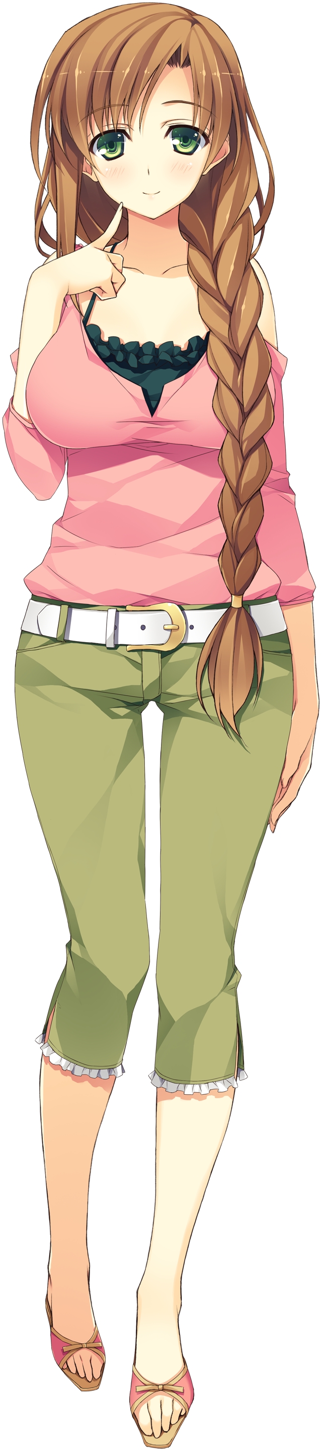 absurdres bangs belt blush braid breasts brown_eyes brown_hair collarbone eyebrows_visible_through_hair full_body hair_over_shoulder hand_on_own_chin highres koikishi_purely_kiss kuninaka_kaori long_hair long_image looking_at_viewer medium_breasts non-web_source open_toe_shoes pants shoes simple_background single_braid smile solo standing tall_image yuuki_hagure