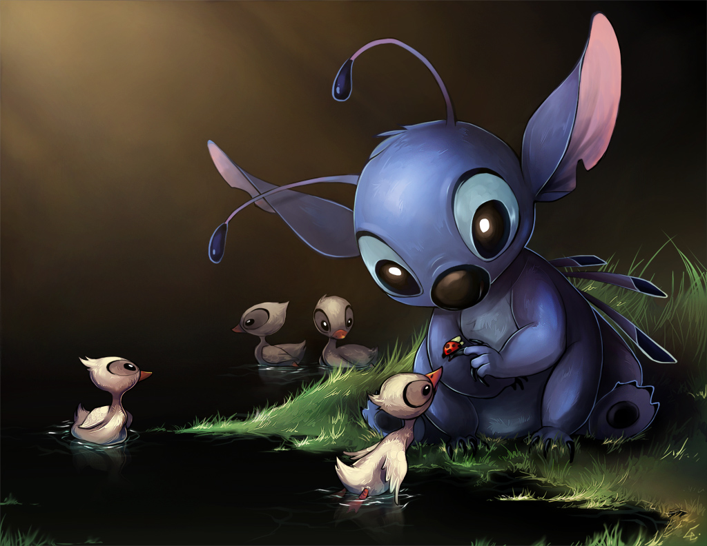2010 4_arms 4_fingers 4_toes alien antennae arthropod avian back_spines bird black_claws black_nose blue_fur chest_tuft claws cute digital_media_(artwork) digital_painting_(artwork) disney duck experiment_(species) fur grass group head_tuft insect ladybug lilo_and_stitch multi_arm multi_limb notched_ear sitting stitch toes tuft unodu water