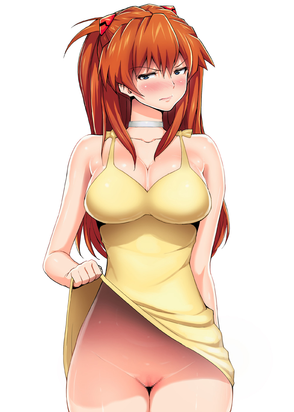 ao_madoushi bare_shoulders blue_eyes blush breasts censored choker cleavage cowboy_shot dress dress_lift embarrassed groin highres large_breasts long_hair looking_at_viewer mosaic_censoring neon_genesis_evangelion no_panties orange_hair pussy simple_background sleeveless sleeveless_dress solo souryuu_asuka_langley sweatdrop white_background