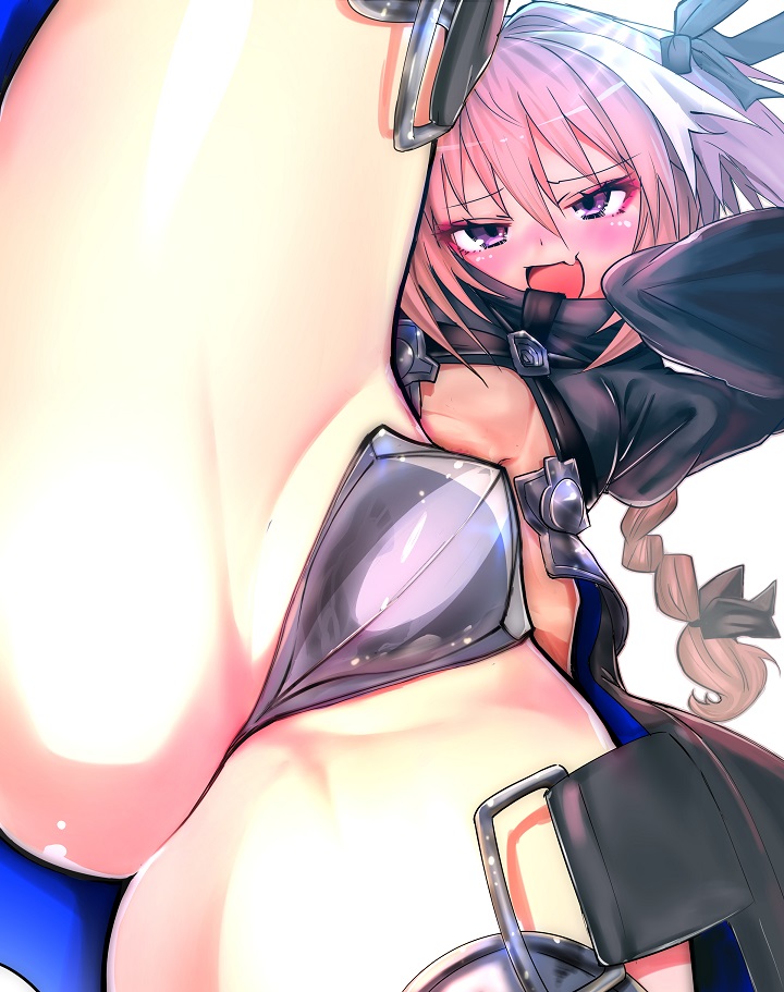 armor armored_boots astolfo_(fate) blush boots braid commentary_request cosplay crotch_plate embarrassed fang fate/apocrypha fate/extra fate/extra_ccc fate/grand_order fate_(series) hair_ribbon long_hair long_sleeves looking_at_viewer maebari male_focus meltlilith meltlilith_(cosplay) navel open_mouth otoko_no_ko pink_hair purple_eyes revealing_clothes ribbon single_braid smile solo wisespeak