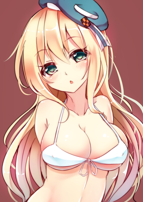 arms_behind_back atago_(kantai_collection) bikini blonde_hair blush breasts cleavage commentary_request covered_nipples eyebrows_visible_through_hair front-tie_top green_eyes hair_between_eyes hat kantai_collection large_breasts long_hair looking_at_viewer open_mouth simple_background solo suishin_tenra swimsuit upper_body white_bikini
