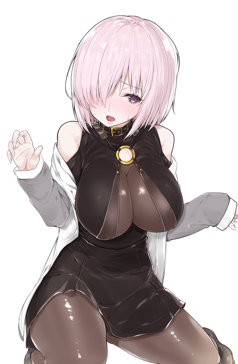 bare_shoulders black_legwear blush breasts collar cosplay fate/extra fate/extra_ccc fate/grand_order fate_(series) hair_over_one_eye highres jacket large_breasts mash_kyrielight mitsudoue o-ring open_clothes open_jacket open_mouth pantyhose passion_lip passion_lip_(cosplay) purple_eyes purple_hair short_hair simple_background solo white_background