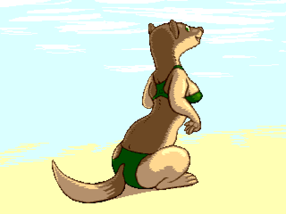 2016 2019 anthro bikini clothing digital_media_(artwork) female flygon_(artist) hindpaw looking_at_viewer mammal mustelid oddwilds paws pixel_(artwork) rear_view semi-anthro sitting smile solo swimsuit weasel