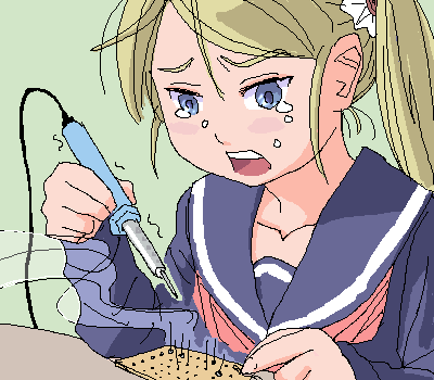 artist_request blonde_hair blue_eyes blush crying crying_with_eyes_open futaba_channel lowres non-web_source oekaki open_mouth original school_uniform serafuku smoke soldering soldering_iron solo tears twintails