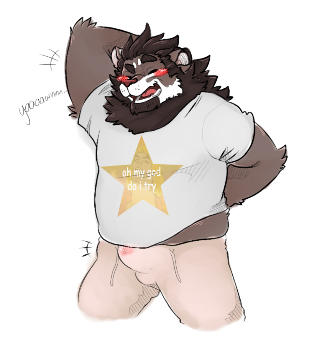 anthro blush brown_fur brown_hair bulge chest_tuft eyes_closed feline fur hair hotoshuken lion male mammal obese open_mouth overweight penis_outline solo standing streching sweat_pants tuft white_fur yawn