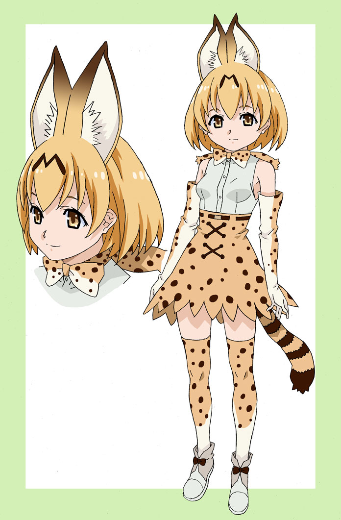 amano_yoki animal_ears anime_coloring bare_shoulders belt blonde_hair border bow bowtie breasts brown_eyes closed_mouth elbow_gloves gloves hair_between_eyes head_tilt high-waist_skirt kemono_friends looking_at_viewer multiple_views serval_(kemono_friends) serval_ears serval_print serval_tail shirt shoes short_hair skirt sleeveless sleeveless_shirt small_breasts smile standing striped_tail tail thighhighs white_background white_footwear white_shirt zettai_ryouiki