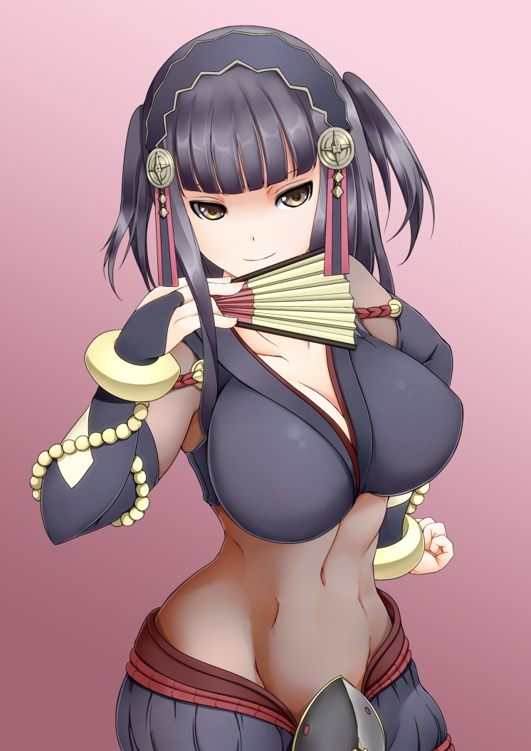 ashita_yaru bare_shoulders black_gloves black_hair bracelet breasts brown_eyes cleavage cowboy_shot elbow_gloves fan fire_emblem fire_emblem_if folding_fan gloves gradient gradient_background groin hair_ornament hand_on_hip jewelry large_breasts looking_at_viewer midriff navel purple_background robe short_hair short_twintails smile solo syalla_(fire_emblem_if) twintails