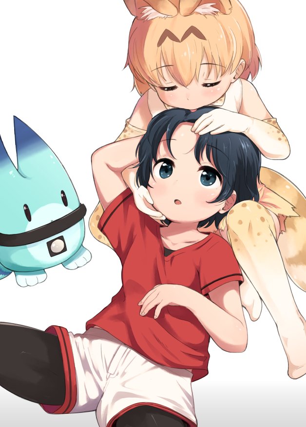 animal_ears black_hair black_legwear closed_eyes collarbone commentary elbow_gloves extra_ears eyebrows_visible_through_hair gloves hand_on_another's_face hand_on_another's_head kaban_(kemono_friends) kemono_friends licking licking_hair lucky_beast_(kemono_friends) multiple_girls nekopantsu_(blt) no_shoes open_mouth orange_hair pantyhose pantyhose_under_shorts print_gloves print_legwear red_shirt serval_(kemono_friends) serval_ears serval_print serval_tail shirt short_hair shorts simple_background sleeveless sleeveless_shirt tail thighhighs tongue tongue_out white_background white_shirt white_shorts yuri