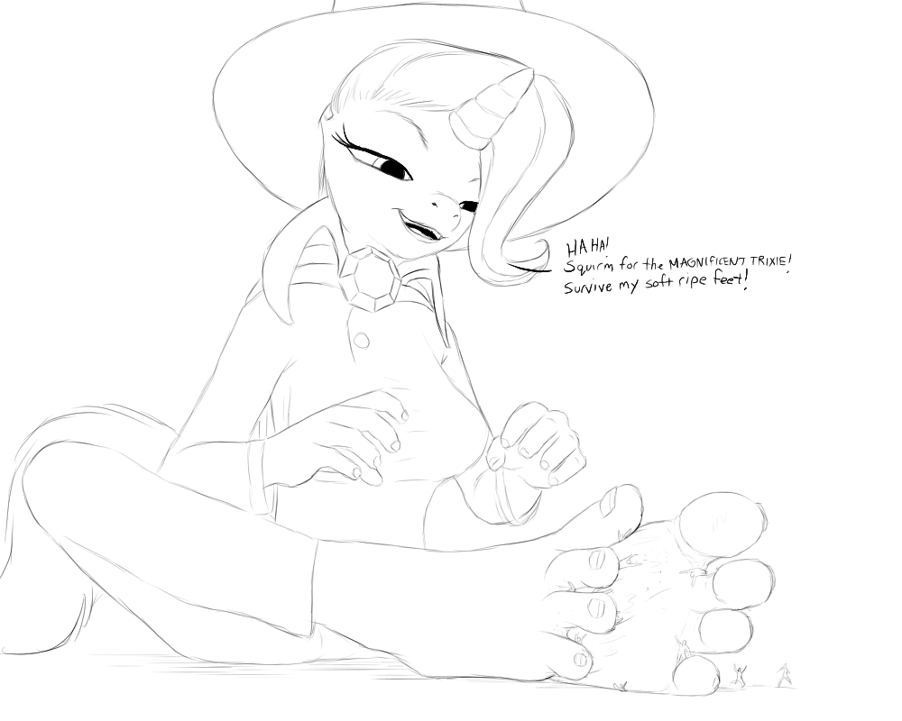 2017 4_toes barefoot clothed clothing dialogue english_text equine feet female friendship_is_magic hat horn humanoid_feet mammal micro my_little_pony open_mouth plantigrade sweat text toes trixie_(mlp) unicorn xtreme7