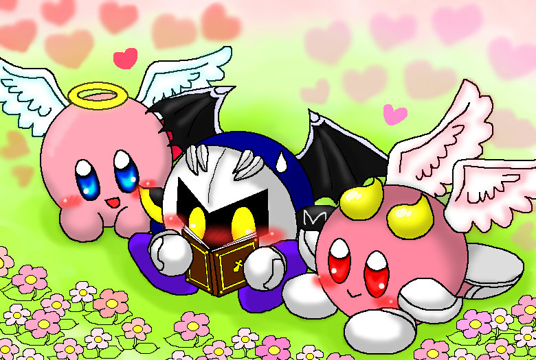 &lt;3 armor blue_body blue_eyes blush book curved_horn feathered_wings feathers flower galacta_knight group halo kirby kirby_(series) mask membranous_wings meta_knight nintendo pauldron pink_body plant red_eyes rosy_cheeks sweat sweatdrop touka_(artist) video_games waddling_head wings yellow_eyes