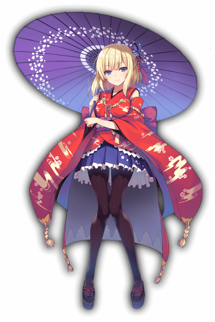 1girl bangs blonde_hair blue_eyes blue_skirt breasts butterfly_hair_ornament closed_mouth collarbone eyebrows_visible_through_hair floral_print full_body hair_ornament holding japanese_clothes kimono kimono_skirt looking_at_viewer medium_breasts obi oriental_umbrella pantyhose sandals sash shiny shiny_clothes shiny_hair short_hair skirt smile solo standing tomose_shunsaku transparent_background umbrella wide_sleeves