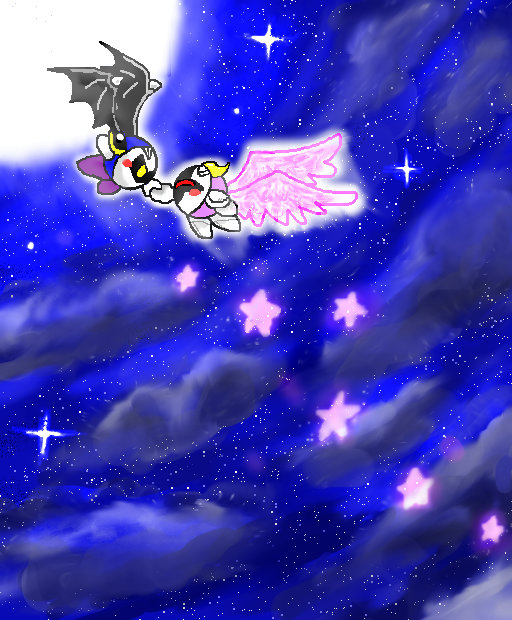 ambiguous_gender armor blush boots clothing cloud feathered_wings feathers flying footwear galacta_knight hand_holding kirby_(series) mask membranous_wings meta_knight moon nintendo not_furry pauldron star starscape touka_(artist) video_games waddling_head wings