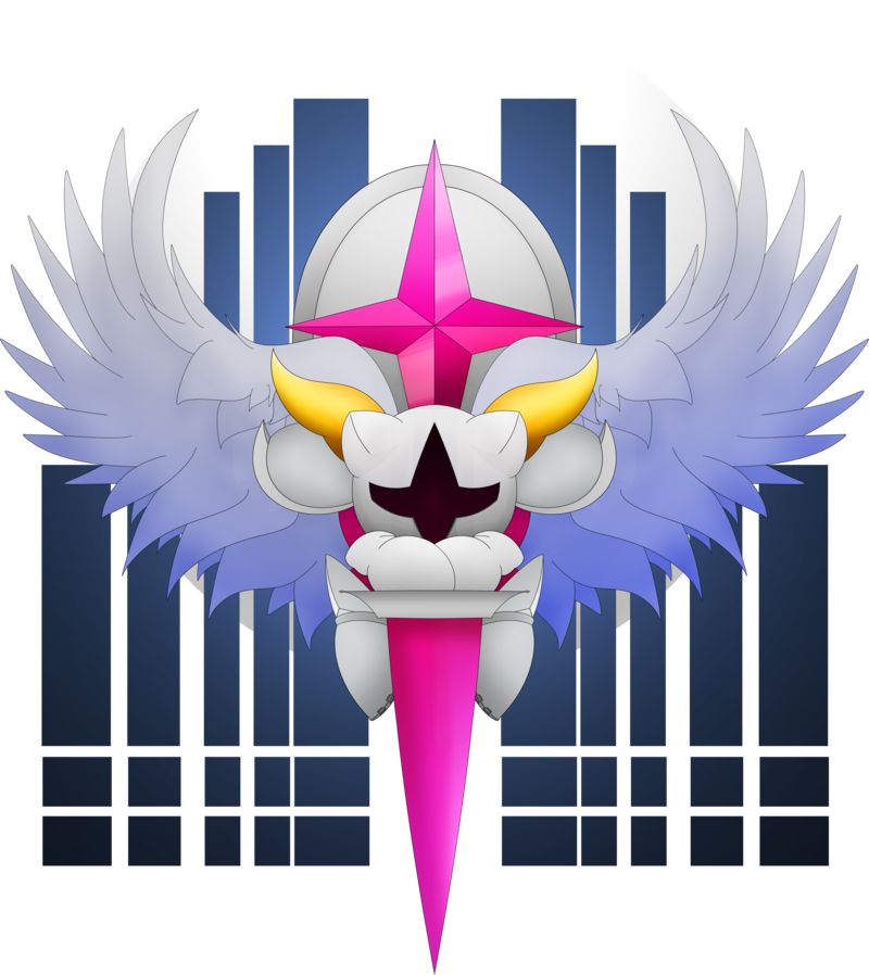alpha_channel ambiguous_gender armor blue_background boots clothing doodlewill feathered_wings feathers footwear galacta_knight horn kirby_(series) lance mask nintendo not_furry pauldron shield simple_background solo video_games waddling_head wavy_horn wings