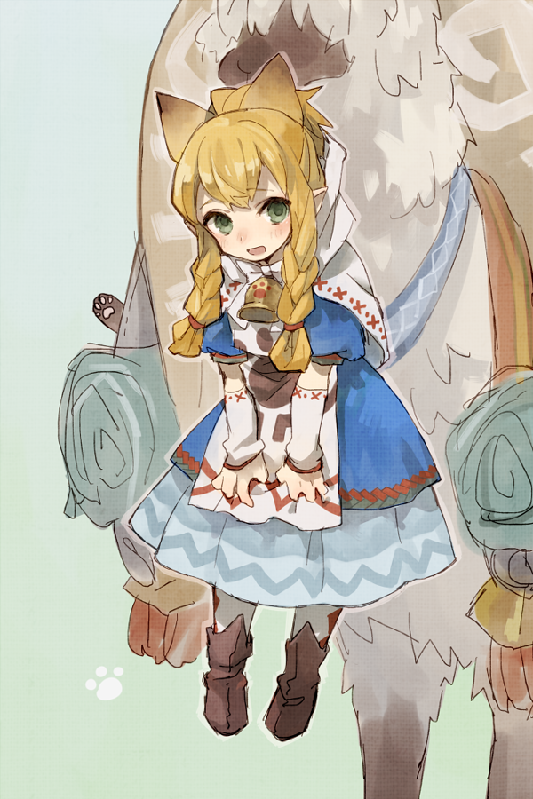 alpaca animal_ears bell blonde_hair braid capelet cat_ears commentary_request detached_sleeves dress extra_ears green_eyes hanging layered_dress long_hair meowstress monster_hunter monster_hunter_x moofah pointy_ears smile solo_focus soto twin_braids