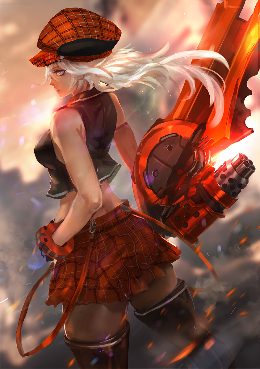 1girl alisa_ilinichina_amiella bare_shoulders black_footwear blue_eyes boots bracer cabbie_hat cglas commentary english_commentary from_behind god_eater hat huge_weapon long_hair midriff miniskirt pantyhose plaid plaid_skirt silver_hair skirt suspender_skirt suspenders sword thigh_boots thighhighs weapon