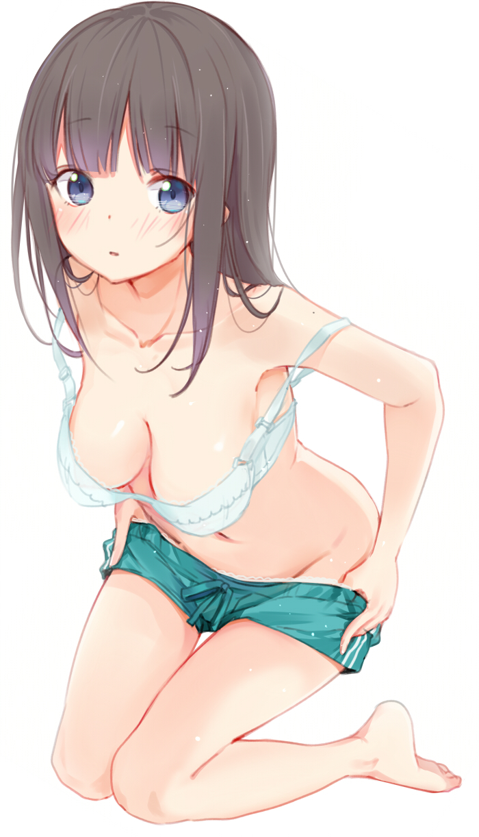 aqua_shorts armpits bangs bare_legs barefoot blue_bra blue_eyes blunt_bangs blush bra breasts brown_hair cleavage collarbone commentary_request eyebrows_visible_through_hair full_body groin highres kneeling knees_together_feet_apart leaning_forward light_smile long_hair looking_at_viewer maigoyaki medium_breasts navel original parted_lips pulled_by_self shiny shiny_skin shorts shorts_pull simple_background solo stomach strap_slip tareme thigh_gap underwear undressing white_background