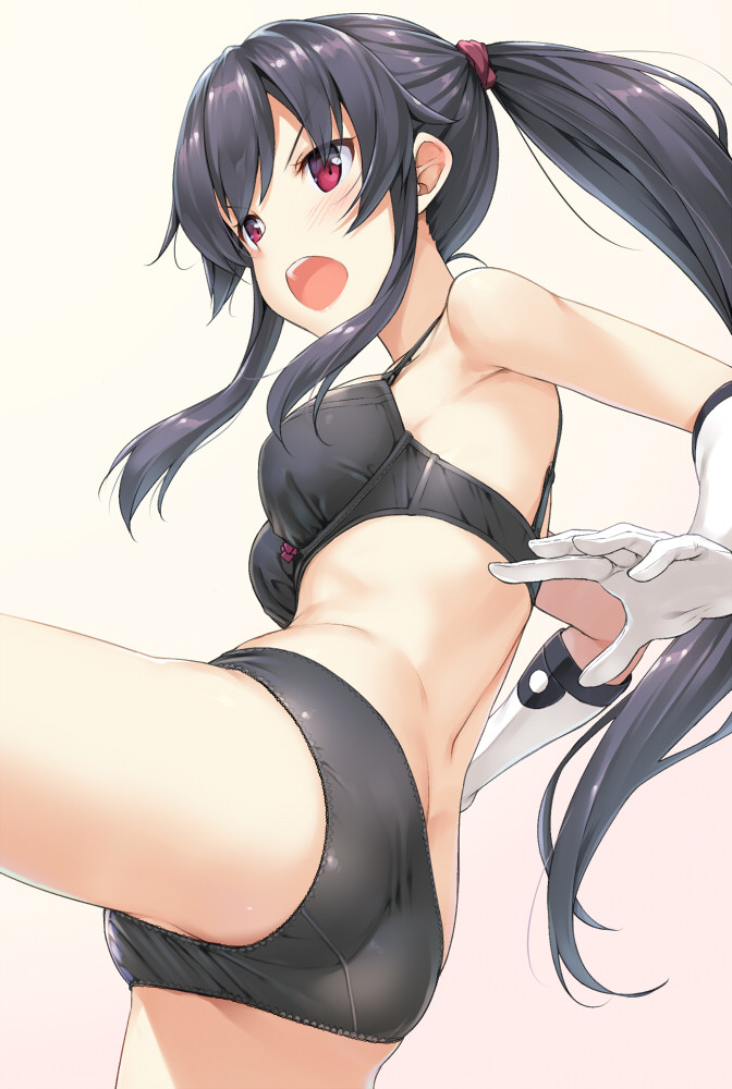 :o ass black_bra black_hair black_panties bow bow_bra bra breasts cowboy_shot gloves gradient gradient_background kantai_collection leg_lift long_hair medium_breasts outstretched_arms panties ponytail purple_bow red_eyes roundhouse_kick sidelocks simple_background solo strap_gap takayaki taut_clothes underwear underwear_only v-shaped_eyebrows white_gloves yahagi_(kantai_collection)