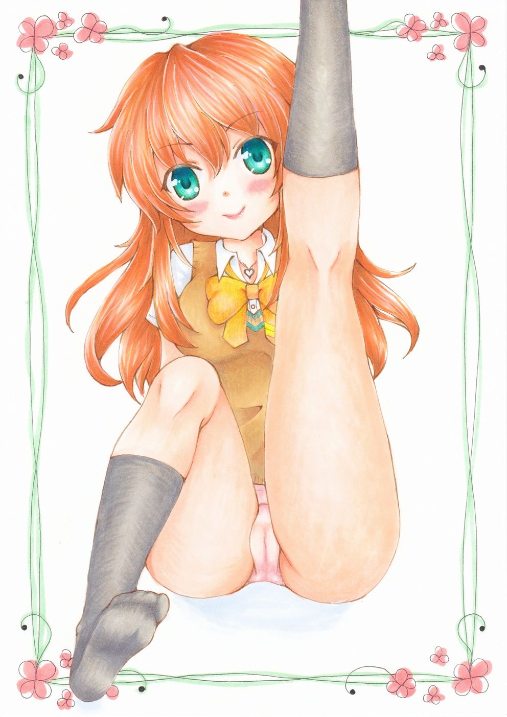 1girl aqua_eyes artist_request black_legwear blush bow cameltoe character_request copyright_request feet frame green_eyes leg_up long_hair looking_at_viewer no_shoes no_skirt orange_hair panties pink_panties school_uniform simple_background smile socks solo white_background yellow_bow