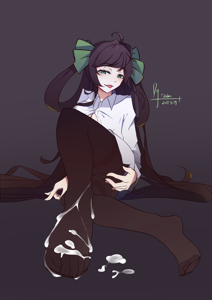 1girl ahoge black_hair cleavage cum cum_on_lower_body feet green_eyes legs_crossed long_hair looking_at_viewer open_shirt pantyhose sitting sun_shang_xiang toes tongue_out twintails wangzhe_rongyao