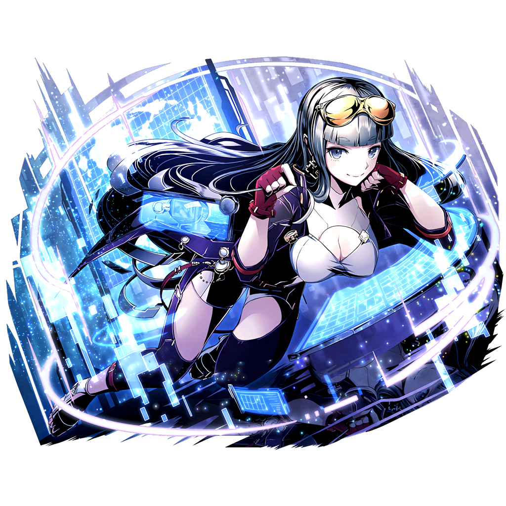 black_jacket black_legwear blue_eyes breasts character_request cleavage cleavage_cutout divine_gate eyebrows_visible_through_hair eyewear_on_head fingerless_gloves floating_hair full_body gloves grey_shirt grey_shorts jacket large_breasts long_hair looking_at_viewer open_clothes open_jacket purple_gloves shadow shirt short_shorts shorts silver_hair smile solo transparent_background ucmm very_long_hair