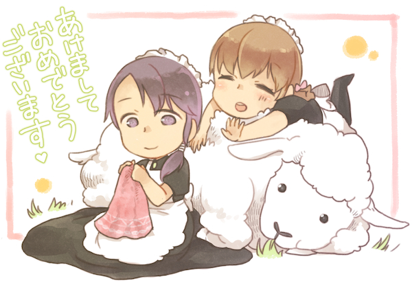 ^_^ akeome animal apron arii_erice bangs black_dress black_footwear blush border bow braid brown_eyes chibi closed_eyes closed_mouth dress eyebrows_visible_through_hair facing_another frilled_apron frilled_hairband frills full_body grass hair_ornament hair_ribbon hair_tie hairband happy_new_year long_hair looking_at_viewer lying lying_on_another maid maid_apron maid_headdress misono_(schatzkiste) multiple_girls new_year noa_(schatzkiste) on_stomach open_hand open_mouth outdoors outside_border pink_border pink_ribbon puffy_short_sleeves puffy_sleeves purple_eyes purple_hair ribbon schatzkiste shisetsu_toshokan_schatzkiste_e_youkoso!_erice_to_yu_kaina_meido-tachi short_sleeves sitting swept_bangs tareme teeth translation_request upper_teeth white_apron white_background white_bow white_hairband |d