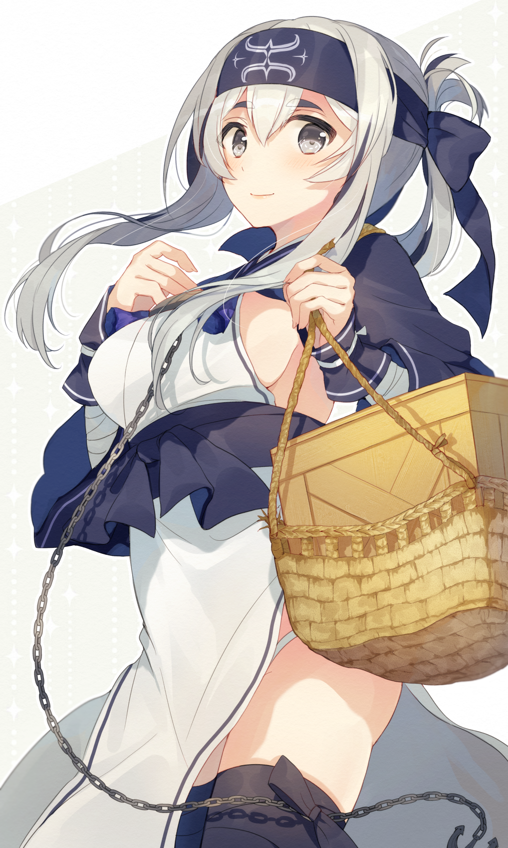 bandaged_arm bandages bangs basket black_cape black_legwear black_ribbon blush box breasts cape chain check_commentary closed_mouth commentary_request cowboy_shot folded_ponytail hair_between_eyes highres hiiragi_souren holding kamoi_(kantai_collection) kantai_collection lips long_hair looking_at_viewer medium_breasts panties panty_peek pelvic_curtain ribbon sash sideboob sidelocks silver_eyes silver_hair smile solo standing tabard tareme thick_eyebrows thighhighs thighs two-tone_background underwear white_panties wooden_box