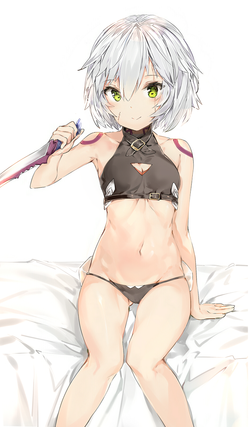 bangs bare_arms bare_shoulders black_panties cleavage_cutout crop_top dagger fate/apocrypha fate_(series) green_eyes hair_between_eyes highres holding holding_weapon jack_the_ripper_(fate/apocrypha) looking_at_viewer navel panties scar short_hair shoulder_tattoo silver_(chenwen) silver_hair simple_background sitting solo stomach tattoo underwear weapon white_background