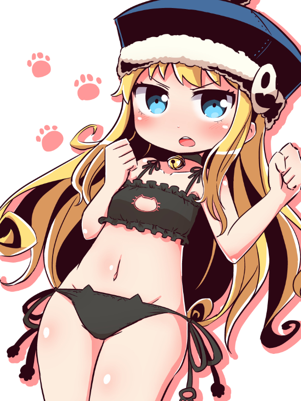 bangs bare_arms bare_shoulders bell bell_choker black_bra black_choker black_panties blonde_hair blue_eyes blue_hat blush bra breasts cat_cutout cat_ear_panties cat_lingerie choker cleavage_cutout collarbone drop_shadow dutch_angle eyebrows_visible_through_hair frilled_bra frills fur-trimmed_hat fur_trim groin gunner hands_up hat jingle_bell long_hair meme_attire naga_u navel open_mouth panties sekaiju_no_meikyuu sekaiju_no_meikyuu_2 side-tie_panties small_breasts underwear underwear_only upper_teeth v-shaped_eyebrows very_long_hair white_background