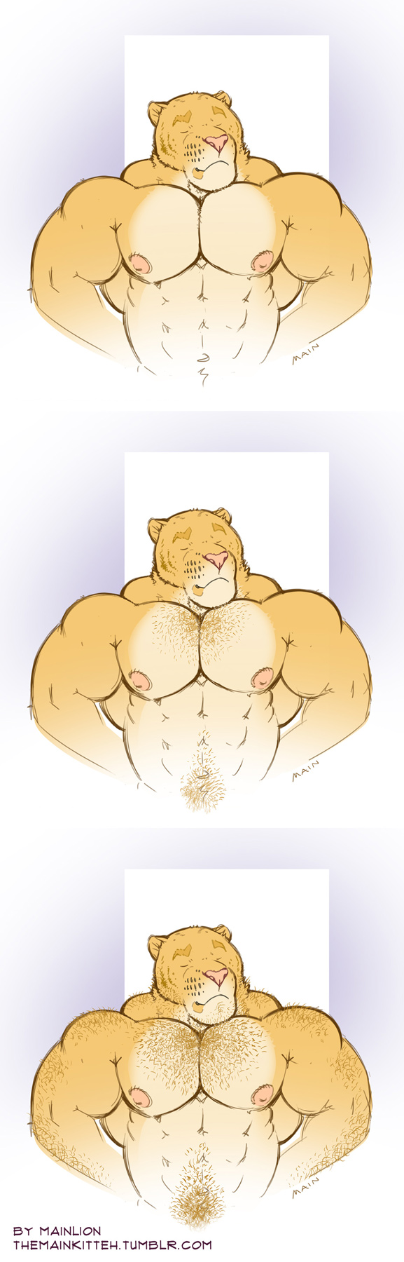2015 abs anthro areola arm_hair body_hair chest_hair clothed clothing eyes_closed feline hair_growth happy_trail hybrid hyper hyper_muscles liger lion mainlion male mammal markings muscular muscular_male nipples pecs puberty simple_background solo tiger topless