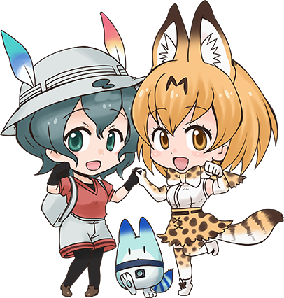 :d animal_ears animal_print ankle_boots artist_request backpack bag bare_shoulders belt black_eyes black_gloves black_hair black_ribbon blush_stickers boots bow bowtie brown_belt brown_footwear chibi clenched_hand cross-laced_clothes dot_nose elbow_gloves extra_ears eyebrows_visible_through_hair eyelashes full_body gloves hair_between_eyes hand_up hat hat_feather helmet high-waist_skirt holding_hands kaban_(kemono_friends) kemono_friends knees_together_feet_apart leg_lift loafers looking_at_viewer lowres lucky_beast_(kemono_friends) multiple_girls official_art open_mouth orange_eyes orange_hair paw_pose pigeon-toed pith_helmet print_bow print_gloves print_legwear print_neckwear print_skirt promotional_art red_shirt ribbon serval_(kemono_friends) serval_ears serval_print serval_tail shirt shoe_ribbon shoes short_hair short_sleeves shorts skirt sleeveless sleeveless_shirt smile standing standing_on_one_leg striped_tail symmetrical_hand_pose tail tareme thighhighs transparent_background white_footwear white_shirt zettai_ryouiki