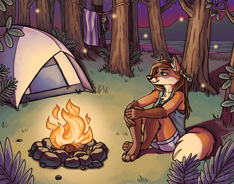 2017 anthro bikini bikini_top brown_hair campfire canine chest_tuft clothing dipstick_tail discarded_clothing ear_piercing female forest fox gloves_(marking) hair inner_ear_fluff long_hair mammal markings multicolored_tail night outside piercing sepia_(artist) shirt shorts sitting smile socks_(marking) solo swimsuit tent towel tree tuft