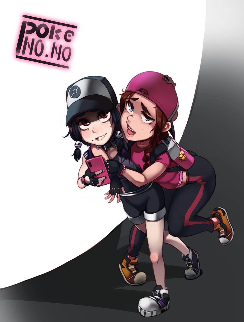arm_around_neck ashley_(shadman) ass backpack backwards_hat bag baseball_cap bike_shorts black_hair blue_eyes borrowed_design bracelet braces braid cellphone child collar commentary eyeliner female_protagonist_(pokemon_go) fiona_(shadman) flat_chest freckles full_body hat highres hug jewelry looking_at_viewer makeup missing_tooth mole mole_under_mouth multiple_girls nail_polish pale_skin pants phone pokemon pokemon_go pokemon_trainer polyle red_eyes shirt shoes smartphone sneakers spiked_collar spikes t-shirt thick_eyebrows twin_braids yoga_pants younger