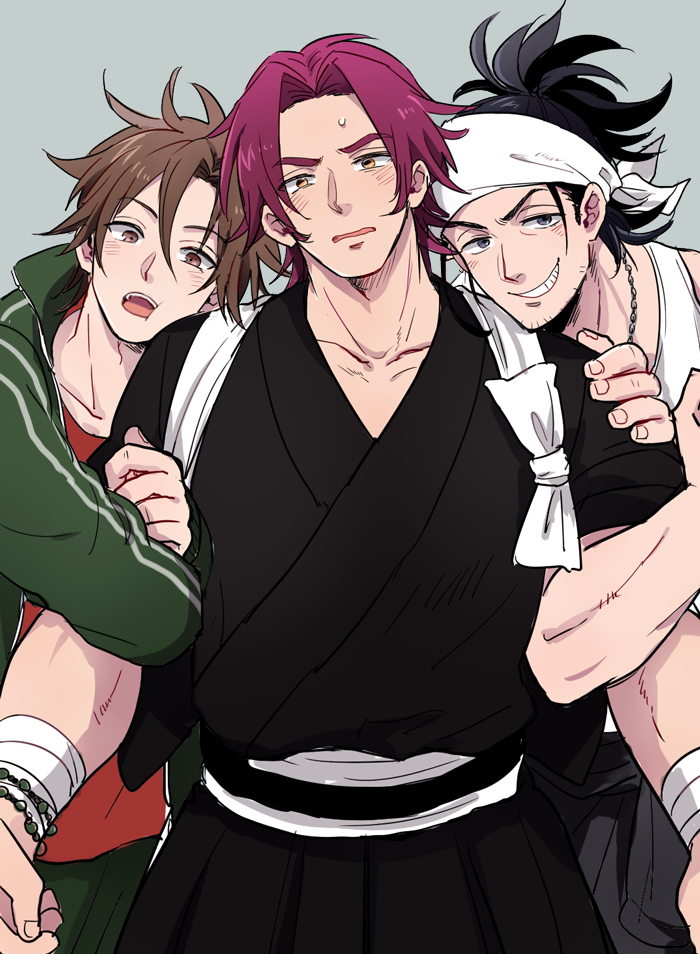 50yen arm_hug bandana black_hair boy_sandwich brown_eyes brown_hair facial_hair grey_eyes grin japanese_clothes male_focus md5_mismatch multiple_boys nihongou_(touken_ranbu) open_mouth otegine red_hair sandwiched smile stubble tonbokiri_(touken_ranbu) touken_ranbu yellow_eyes