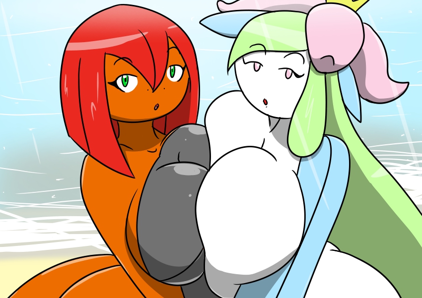 :o anthro big_breasts breast_size_difference breast_squish breasts breasts_frottage duo female female/female green_eyes green_hair hair igphhangout lilligant looking_at_viewer nintendo open_mouth pink_eyes pok&eacute;mon red_hair scrafty seaside video_games