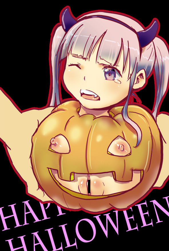 1boy 1girl borusen breasts censored fake_horns halloween holding horns limbless looking_at_viewer nipples pumpkin purple_hair pussy surreal tears twintails what wince