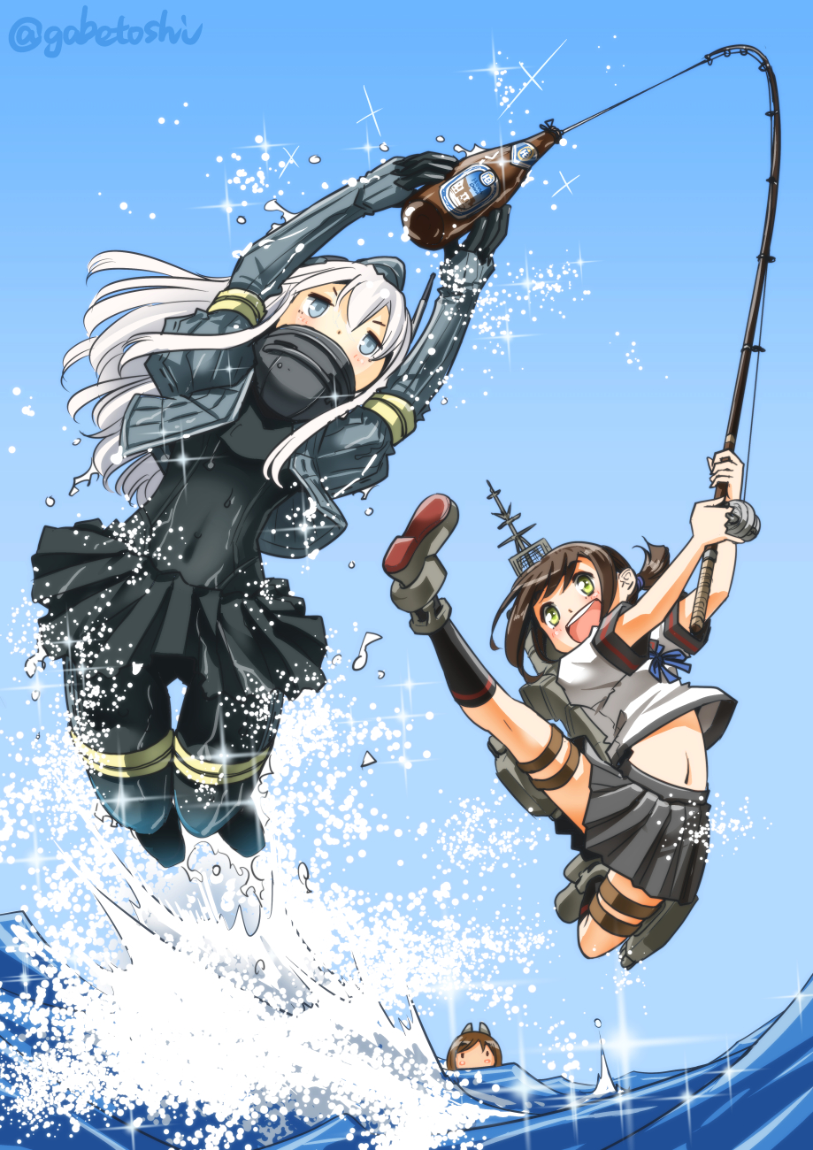 alternate_hair_color black_legwear blue_eyes blue_sky bottle brown_hair commentary_request covered_navel cropped_jacket day fishing fishing_line fishing_rod fubuki_(kantai_collection) garrison_cap green_eyes hair_ornament hairclip hat highres holding holding_fishing_rod i-401_(kantai_collection) jumping kantai_collection kneehighs long_hair long_sleeves looking_at_viewer low_ponytail machinery midriff military military_uniform multiple_girls navel ocean open_mouth outdoors outstretched_leg pantyhose parody pleated_skirt ponytail puffy_long_sleeves puffy_sleeves remodel_(kantai_collection) school_uniform serafuku short_ponytail short_sleeves skirt sky sogabe_toshinori sparkle thighhighs tsurikichi_sanpei twitter_username u-511_(kantai_collection) uniform water white_hair