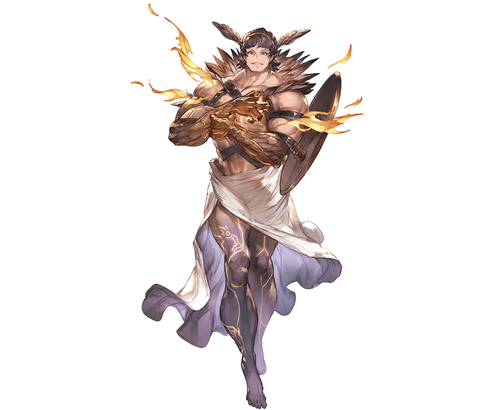 abs bare_shoulders barefoot brown_hair feathered_wings feathers fire full_body granblue_fantasy grey_eyes hairband male_focus minaba_hideo official_art shield shirtless solo tattoo teeth transparent_background uriel_(granblue_fantasy) wings