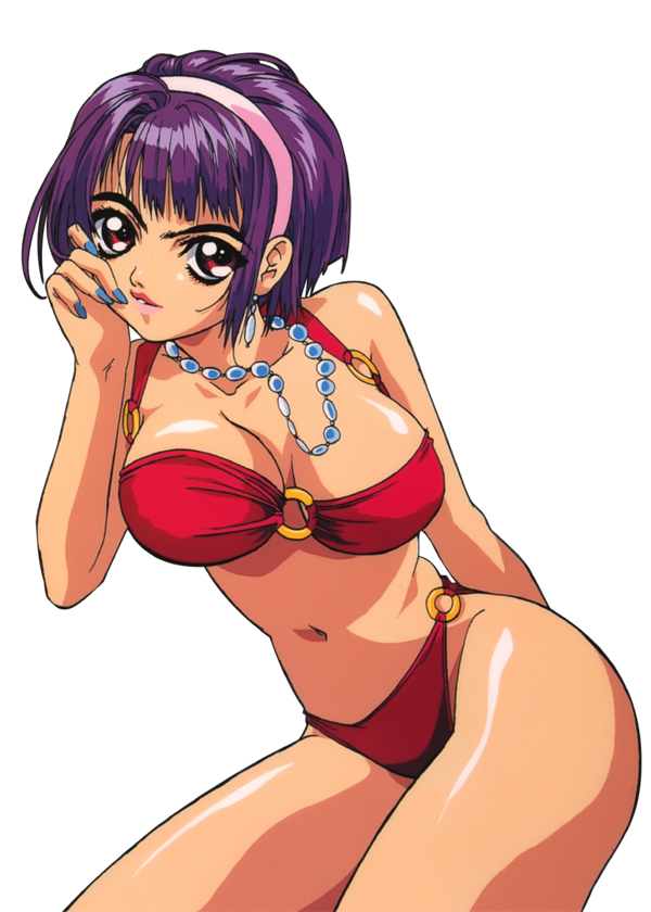 90s angel_links arm_behind_back bikini bow bowtie breasts cowboy_shot earrings hairband hand_on_own_cheek highleg highleg_bikini jewelry large_breasts li_meifon looking_at_viewer nail_polish navel necklace nishida_asako o-ring o-ring_bikini official_art parted_lips red_bikini red_bow red_eyes red_neckwear shiny shiny_skin short_hair solo swimsuit thighs transparent_background