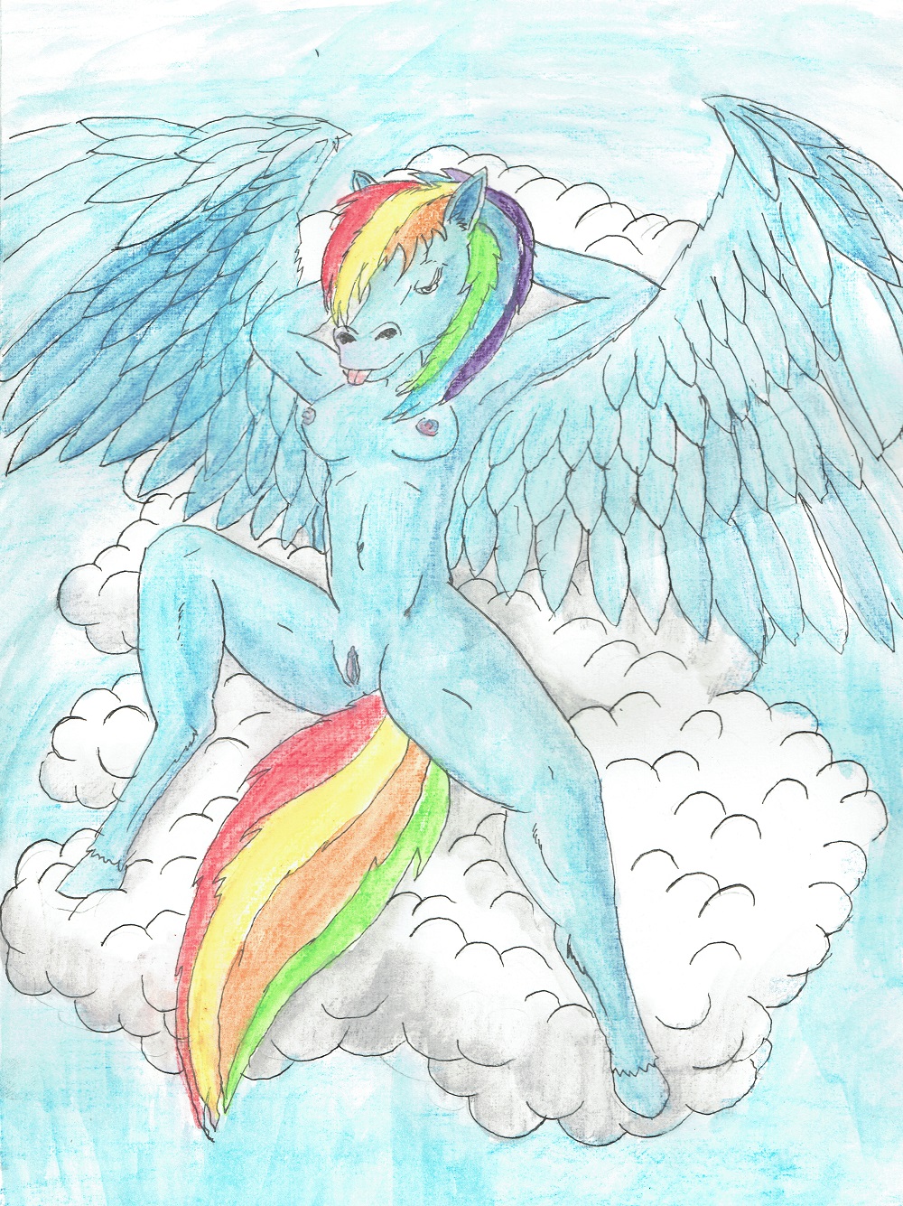 2017 anthro athletic breasts clitoris cloud equine feathers female friendship_is_magic horse invalid_color lying mammal my_little_pony nude nyghtmar3 pegasus pony pussy rainbow_dash_(mlp) relaxing seductive showing small_breasts smile solo traditional_media_(artwork) watercolor_(artwork) wings