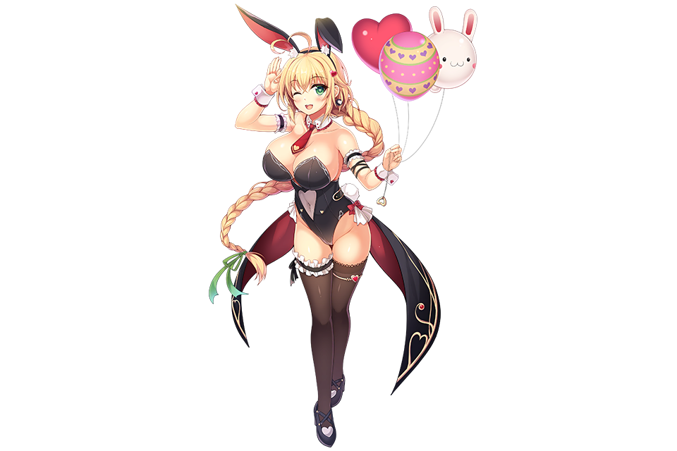 animal_ears balloon balloon_vine_(flower_knight_girl) bangs bare_shoulders black_legwear blonde_hair braid breasts bunny_ears bunny_tail bunnysuit cleavage collarbone detached_collar earrings eyebrows_visible_through_hair fake_animal_ears flower_knight_girl green_eyes heart_balloon high_heels holding jewelry large_breasts leotard long_hair looking_at_viewer necktie one_eye_closed open_mouth red_neckwear single_braid smile solo tail thigh_strap transparent_background utsurogi_akira very_long_hair wrist_cuffs