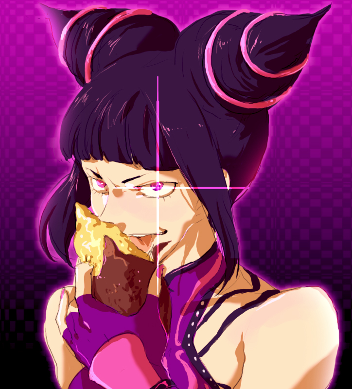 bare_shoulders drill_hair fingerless_gloves food gloves glowing glowing_eye halter_top halterneck han_juri just_as_planned jy0bung licking nail_polish pink_nails potato purple_eyes spikes street_fighter street_fighter_iv_(series) sweet_potato twin_drills