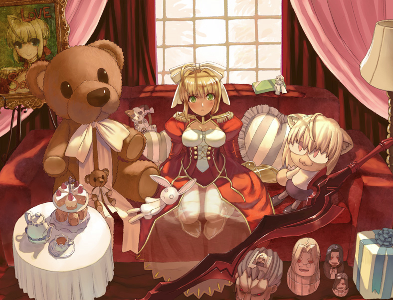 aestus_estus berserker couch epaulettes fate/extra fate/stay_night fate_(series) hair_intakes illyasviel_von_einzbern michael_roa_valdamjong nekoarc nero_claudius_(fate) nero_claudius_(fate)_(all) sasaki_shounen solo stuffed_animal stuffed_toy sword teddy_bear weapon