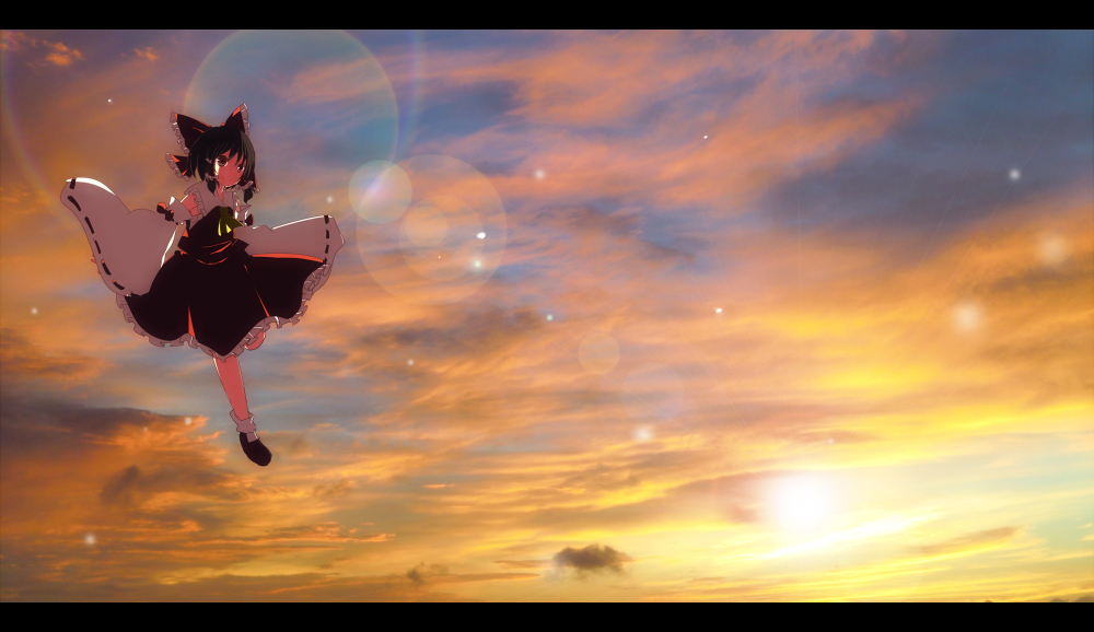 bad_id bad_pixiv_id cloud detached_sleeves flying hakurei_reimu lens_flare letterboxed pasutel ribbon scenery sky solo sunset touhou