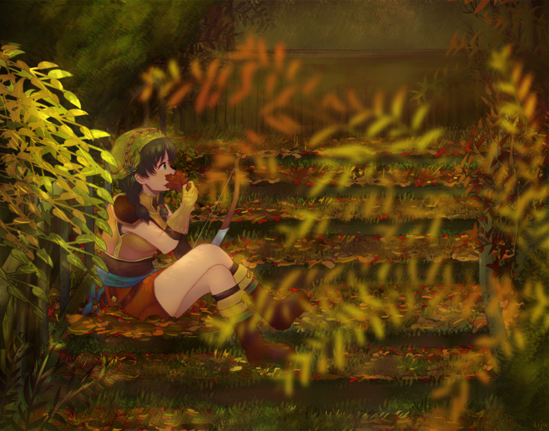 autumn autumn_leaves black_hair blue_eyes blurry blurry_foreground boots bow_(weapon) brown_footwear crossed_legs depth_of_field fire_emblem fire_emblem:_rekka_no_ken from_side full_body gloves green_hair holding holding_bow_(weapon) holding_leaf holding_weapon leaf lijupy looking_to_the_side outdoors profile rebecca_(fire_emblem) revision short_twintails sitting solo stairs tan_gloves twintails weapon