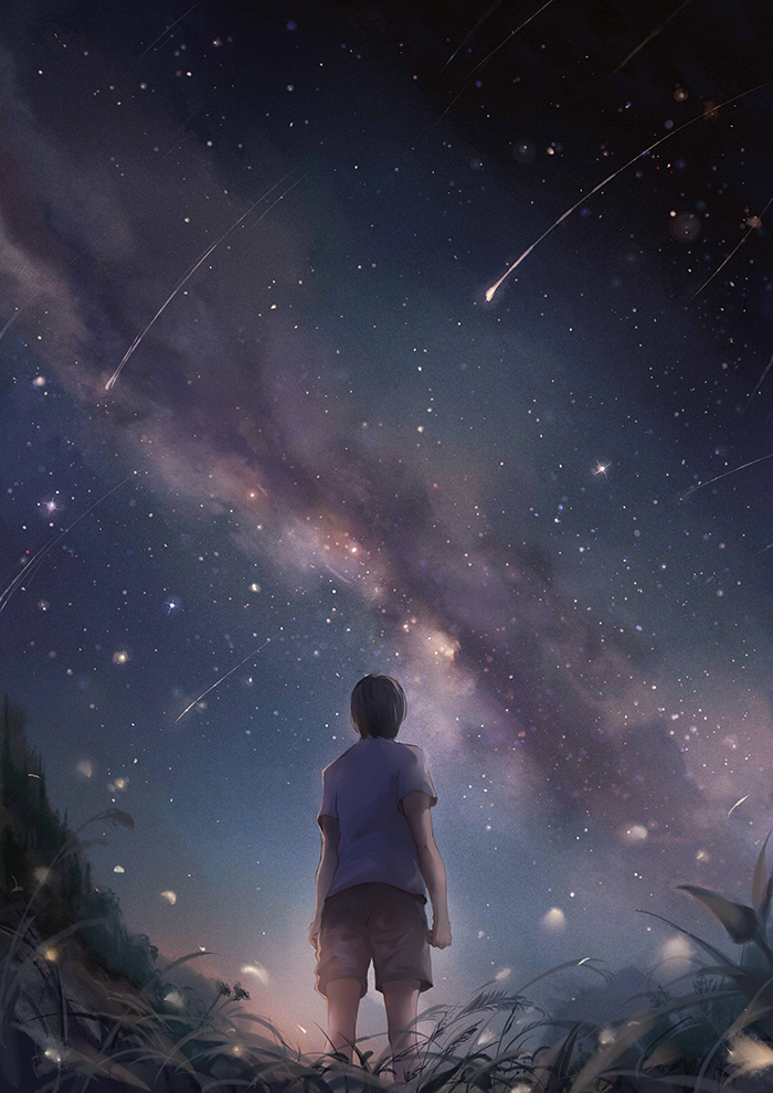 arms_at_sides black_hair brown_shirt cloud commentary corn_field facing_away from_behind from_below grey_shirt legs_apart light_particles looking_up male_focus motion_blur night night_sky original outdoors petals scenery shirt shooting_star short_sleeves sishenfan sky solo standing star_(sky) stargazing starry_sky