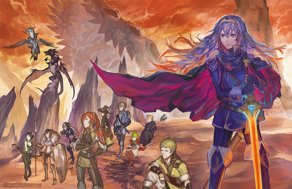 azur_(fire_emblem) black_hair blonde_hair blue_eyes blue_hair braid bredy_(fire_emblem) brown_hair cape chambray cynthia_(fire_emblem) degel eudes_(fire_emblem) falchion_(fire_emblem) fire_emblem fire_emblem:_kakusei gloves green_hair hat jerome_(fire_emblem) laurent liz_(fire_emblem) long_hair lucina mamkute minerva_(fire_emblem:_kakusei) multiple_boys multiple_girls nn_(fire_emblem) noire_(fire_emblem) pegasus pegasus_knight pointy_ears purple_eyes red_hair selena_(fire_emblem) shinigami_wyvern short_hair twin_braids twintails weapon white_hair