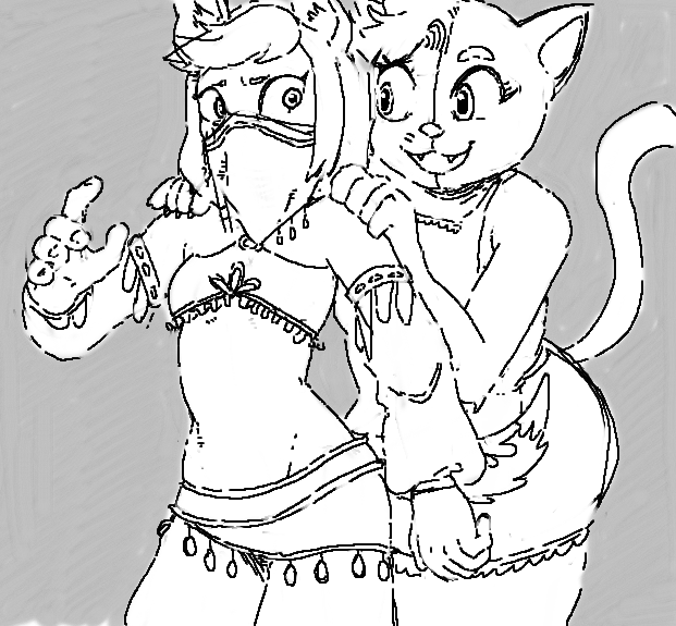 2_tails akunim belly_dancer clothing feline female grey_background hair invalid_tag janus_tangarian lag latchkey_kingdom mammal midriff multi_tail simple_background skirt smile unsure willa_dragonfly young yuman