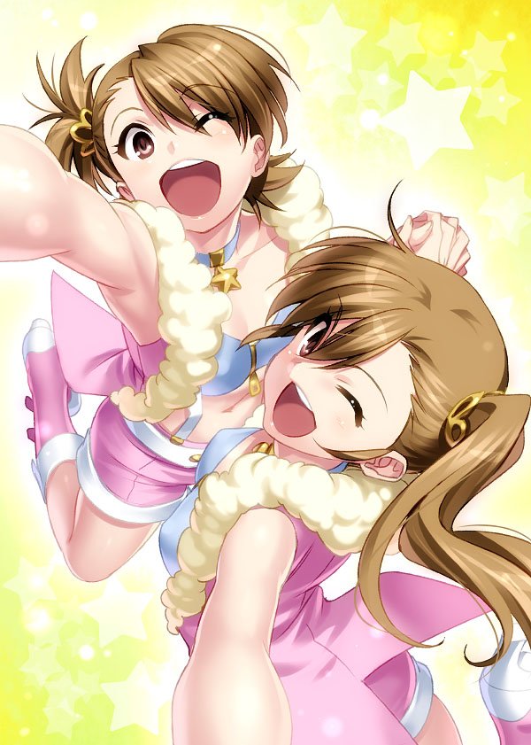 boots brown_eyes brown_hair foreshortening from_above futami_ami futami_mami holding_hands idolmaster idolmaster_(classic) long_hair looking_at_viewer multiple_girls open_mouth pink_diamond_765 short_hair siblings side_ponytail sisters twins zen