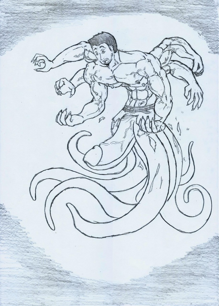 cecaelia cephalopod clothing gingatokkyu growth human_to_anthro hyper hyper_penis line_art male marine mid_transformation mollusk multi_arm multi_eye multi_limb multi_pec multifur nude octopus penis reptile scalie solo torn_clothing transformation